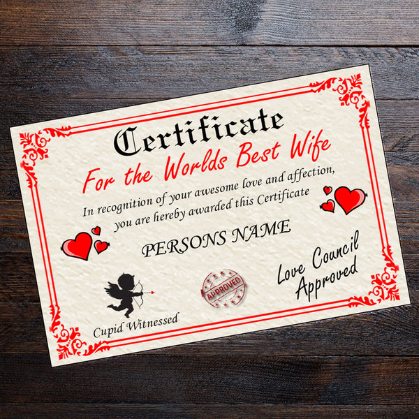 Fun Certificate for Worlds Best Boyfriend Girlfriend Husband or Wife