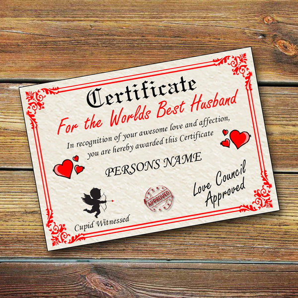 Fun Certificate for Worlds Best Boyfriend Girlfriend Husband or Wife