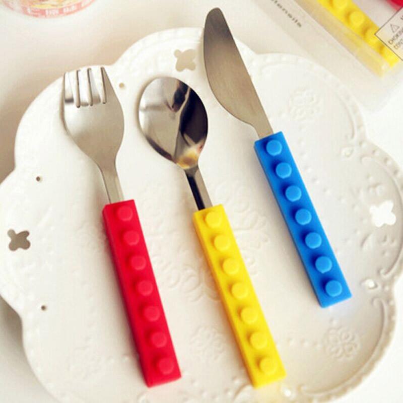 Creative Lego bricks Portable silicone stainless steel Travel Kids Adult Cutlery Fork Picnic Set Gift for CHild Dinnerware