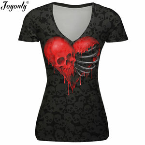 3D Red Heart Skull T-Shirt for Women